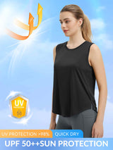 Black women's sleeveless racerback running tank, UPF 50+ sun protection & quick dry. #color_Black