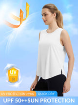 Women's white quick dry racerback running tank with UPF 50+ sun protection. #color_White