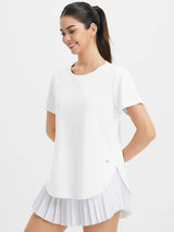 White UPF 50+ crew neck t-shirt and pleated skirt for casual trail wear. #color_White