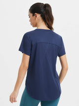 Fresh Horizon UPF 50+ crew neck shirt in navy, paired with teal bottoms for the All-Day Active Set. Back view. #color_Navy