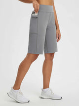 Grey Secret Breeze high-rise bermuda shorts with zippered phone pocket. #color_Gray