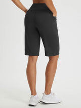 Move-Freely Set: Black 12" high-rise athletic shorts with zippered pocket. #color_Black