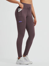 Plum fleece high-waisted running leggings with drawstring and secure pockets.