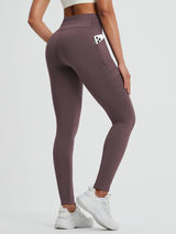 High-waisted fleece running leggings in mauve, featuring side pockets for phone. #color_Dark Brown