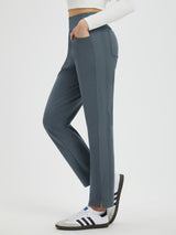 Slate grey fleece running tapered pants with ribbed side panels and split hem #Color_Charcoal Gray