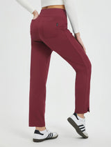 Burgundy fleece tapered running pants with flat waist, split leg, pockets. #Color_Wine Red