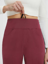 Burgundy fleece running pants featuring flat drawstring waist and pockets. #Color_Wine Red