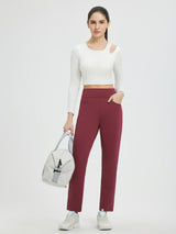 Burgundy fleece tapered running pants with flat waist, split leg design, and pockets. #Color_Wine Red