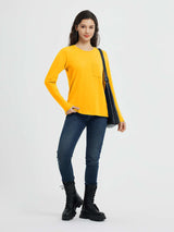Yellow women's running crewneck pocket long-sleeve top, casual athletic wear with thumbholes #color_Yellow