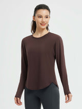 Mocha brown long-sleeve running t-shirt with crossover hem detail and thumbholes. #color_Dark Brown