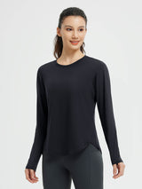 Black long-sleeve running t-shirt: cross hem design, part of Comfort Set. #color_Black