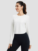 White women's long-sleeve crew-neck running t-shirt with side ruched detail and slim fit. #Color_Star White