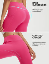 Women's pink high-waisted capris featuring butt-lifting curved back seams and gusseted crotch.