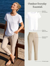 Outdoor Everyday Essentials: woman in quick-dry UPF shirt, tummy control tapered trousers.