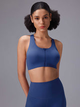 Blue front zip sports bra and high-rise active leggings activewear set for yoga. #color_Blue