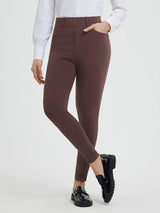 Women's brown high-waisted business yoga pants with 7/8 split hem and pockets. #color_Dark Brown