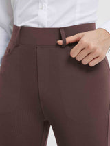 Brown women's high-waisted business yoga pants featuring belt loops and stretch fabric. #color_Dark Brown