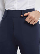 Women's navy high-waisted business yoga pants with belt loops and pockets. #color_Navy Blue