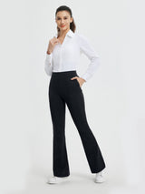 Women's black high-waisted bootcut pants for business, yoga, with side zip pocket. #Color_Black