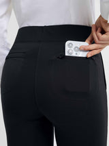 Women's black high-waisted yoga business pants with secure rear phone pocket. #Color_Black