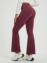 Burgundy marled floral fleece high-waisted flared yoga pants with pockets #color_Wine Red