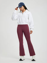 Women's burgundy floral fleece high-waisted flared yoga pants #color_Wine Red