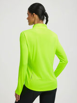 Baleaf UPF 50+ neon yellow women's half zip cycling jersey, long sleeve with reflective details.