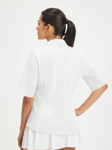 Baleaf women's white UPF 50+ half sleeve polo shirt with princess seams. #color_White