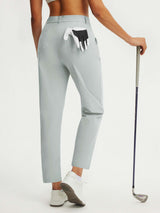 Baleaf women's light blue wrinkle-free straight leg golf pants with glove and club. #color_Light Gray