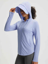 Baleaf UPF 50+ light purple sun jacket with removable brim hood and thumbhole cuffs. #color_Blue