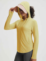 Yellow UPF 50+ lightweight hooded sun jacket for sport leisure set. #color_Yellow