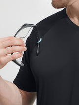 Baleaf UPF 50+ quick-dry black V-neck shirt with integrated glasses loop. #color_Black