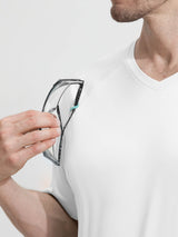 Baleaf white quick-dry V-neck shirt with UPF 50+ protection, man holding safety glasses. #color_White