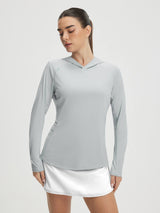 Baleaf light grey UPF 50+ women's lightweight sun shirt hoodie with teal logo #color_Light Gray