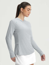 Baleaf women's UPF 50+ grey lightweight sun shirt hoodie with thumbholes and pocket. #color_Light Gray
