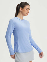 Light blue Baleaf UPF 50+ sun hoodie with mesh panels and pocket, worn by model. #color_Kentucky Blue