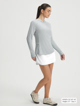 Baleaf light grey lightweight UPF 50+ sun shirt hoodie, white skirt #color_Light Gray