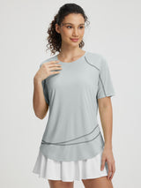 Baleaf women's UPF 50+ light grey short-sleeve athletic shirt with curved hem and decorative seams. #color_Light Gray