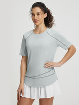Baleaf women's light grey UPF 50+ stretchy crew neck short-sleeve shirt with contrast stitching. #color_Light Gray