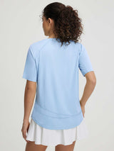 Light blue Baleaf UPF 50+ short-sleeve shirt with figure-flattering curved hem, back view. #color_Light Blue