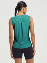 Teal women's UPF50+ high neck workout tank top with central back pleat. #color_Teal Green