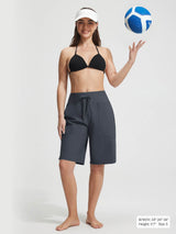 Baleaf 11" UPF 50+ high-rise board shorts, dark grey, model size S (34-24-36 bust-waist-hip) #color_Deep Gray