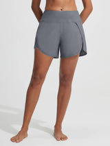 Grey 5" UPF50+ 2-in-1 swim shorts with built-in liner, high waist, and side slits. #color_Dark Gray