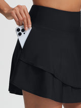 Baleaf black UPF 50+ swim skirt with high-rise waist and slant pockets for phone. #color_Black