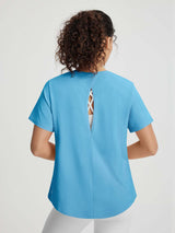 Back view of Baleaf blue UPF 50+ open back t-shirt with criss-cross straps. #color_Light Blue