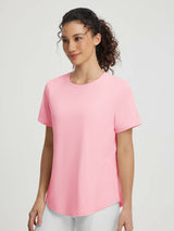 Baleaf women's pink UPF 50+ athletic t-shirt with crew neck and curved hem. #color_Pink