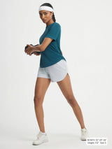 Teal Baleaf UPF 50+ athletic crewneck shirt & light blue shorts, size S. #color_Deep Blue