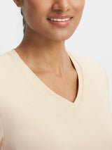 Baleaf UPF 50+ light beige half sleeve athletic shirt with V-neck. Soft, breathable fabric. #color_Beige