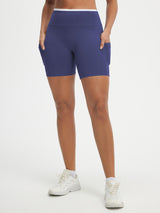 Baleaf navy high-rise biker shorts, 6" inseam, ultra-soft, with pockets. #color_Navy