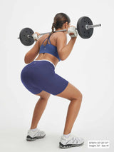 Baleaf blue 6-inch high-rise biker shorts with contrast tummy control waistband, squat workout. #color_Navy